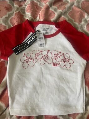 Roxy White Tee with Red Floral Raglan Sleeves